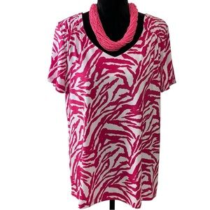 SUSAN GRAVER PINK & WHITE ZEBRA PRINT SHORT SLEEVE TOP SZ MED EUC